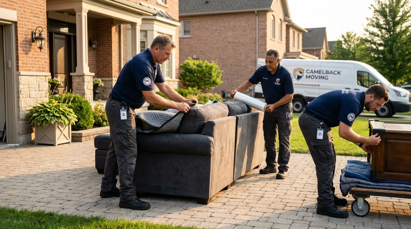 Large estate moving crew wrapping furniture in Newfield, ME