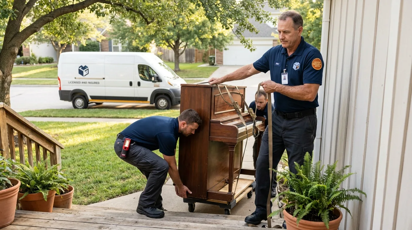 Licensed piano movers securing grand piano in Newfield, ME