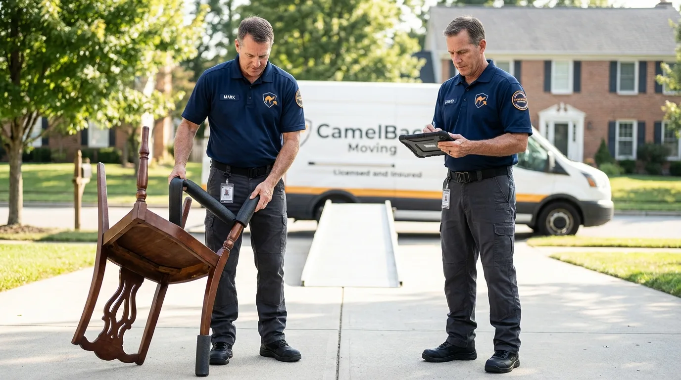 Movers inspecting furniture for damage prevention before loading in Newfield, ME